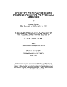 Life History and Population Genetic Structure of Sea Stars from the Family Asterinidae
