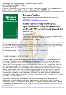 Diaspora Studies Cricket and Corruption: the Post- Apartheid