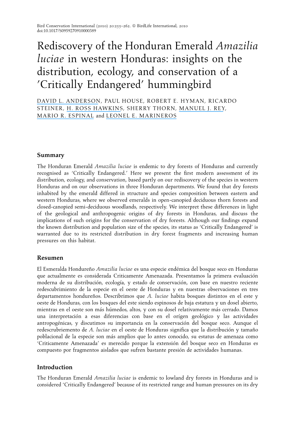 Rediscovery of the Honduran Emerald Amazilia Luciae in Western Honduras