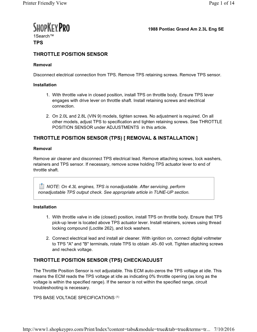 Throttle Position Sensor (Tps) [ Removal & Installation ]