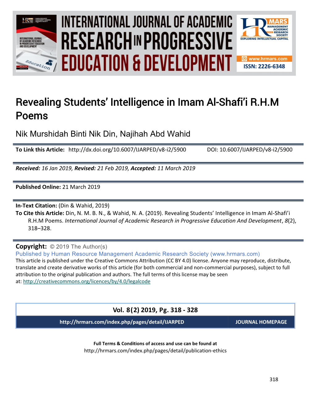 Revealing Students' Intelligence in Imam Al-Shafi'i R.H.M Poems