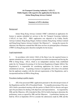 1 Air Transport Licensing Authority (“ATLA”) Public Inquiry with Regard