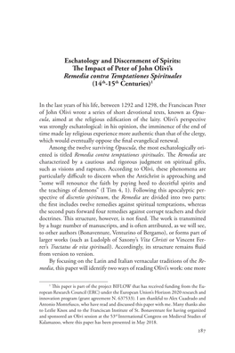Eschatology and Discernment of Spirits: the Impact of Peter of John Olivi’S Remedia Contra Temptationes Spirituales (14Th-15Th Centuries)1