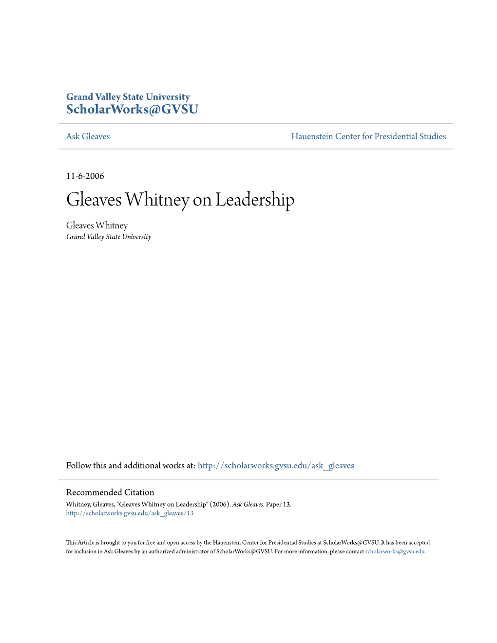 Gleaves Whitney on Leadership Gleaves Whitney Grand Valley State University