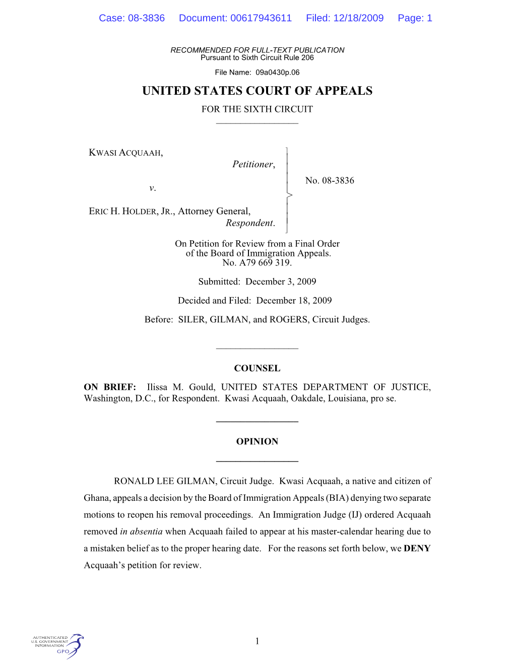 United States Court of Appeals for the Sixth Circuit ______