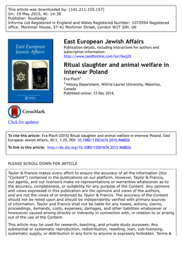 Ritual Slaughter and Animal Welfare in Interwar Poland Eva Placha a History Department, Wilfrid Laurier University, Waterloo, Canada Published Online: 13 Dec 2014