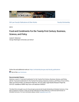 Food and Condiments for the Twenty-First Century: Business, Science, and Policy