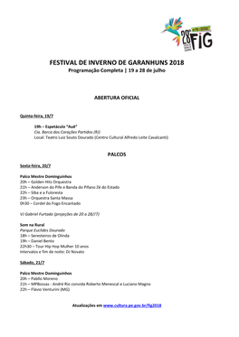 FESTIVAL DE INVERNO DE GARANHUNS 2018 Programação Completa | 19 a 28 De Julho