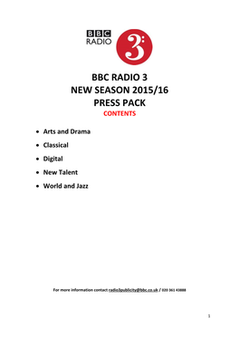 Bbc Radio 3 New Season 2015/16 Press Pack Contents