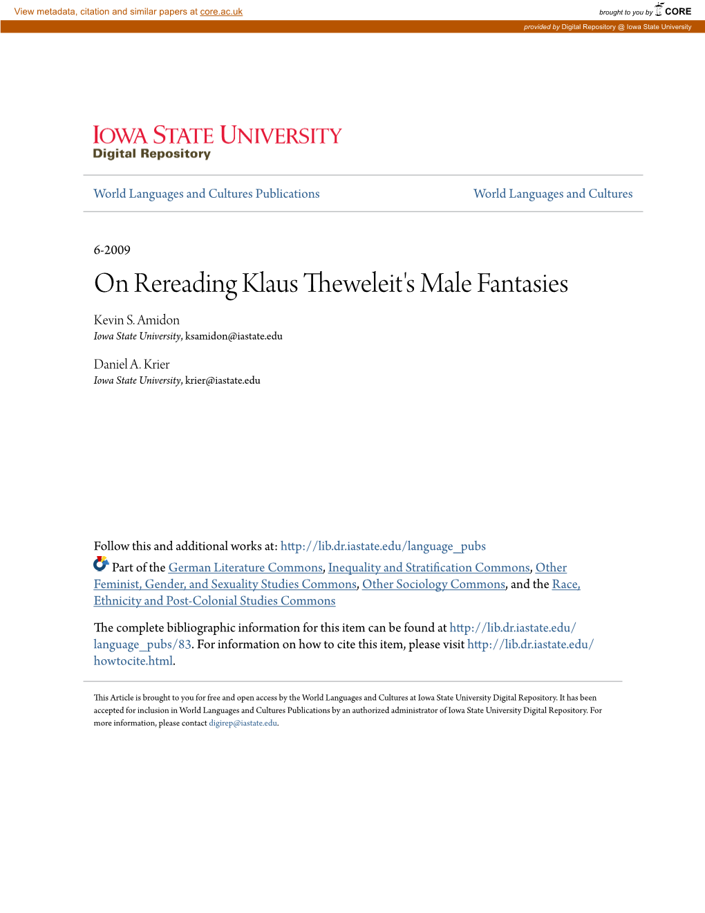 On Rereading Klaus Theweleit's Male Fantasies Kevin S