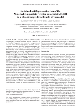 Sustained Antidepressant Action of the N‑Methyl‑D‑Aspartate Receptor Antagonist MK‑801 in a Chronic Unpredictable Mild Stress Model