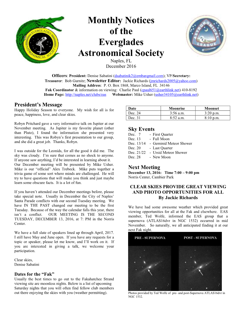 Monthly Notices of the Everglades Astronomical Society