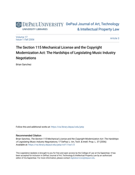 The Section 115 Mechanical License and the Copyright Modernization Act: the Hardships of Legislating Music Industry Negotiations