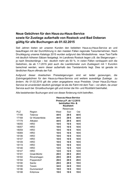 Neue Gebühren Für Den Haus-Zu-Haus-Service Sowie Für Zustiege Außerhalb Von Rostock Und Bad Doberan Gültig Für Alle Buchungen Ab 01.02.2015