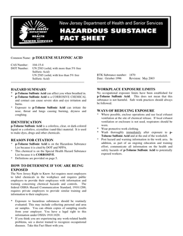 Common Name: P-TOLUENE SULFONIC ACID HAZARD