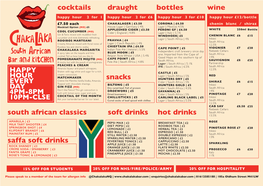 Cocktails Draught Snacks Bottles Wine Soft Drinks South African Classics