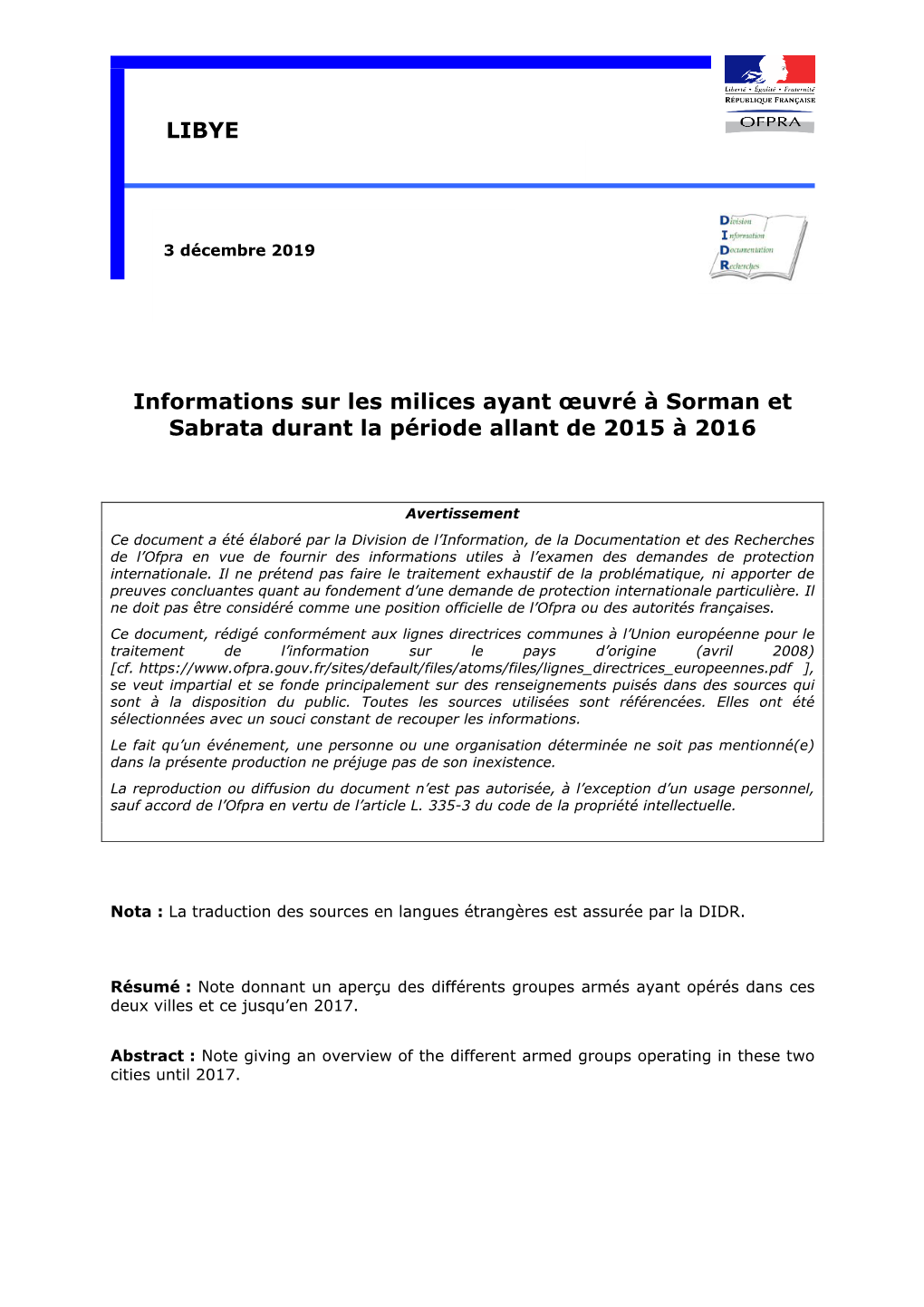 Informations Sur Les Milices Ayant Œuvré À Sorman Et Sabrata Durant La Période Allant De 2015 À 2016