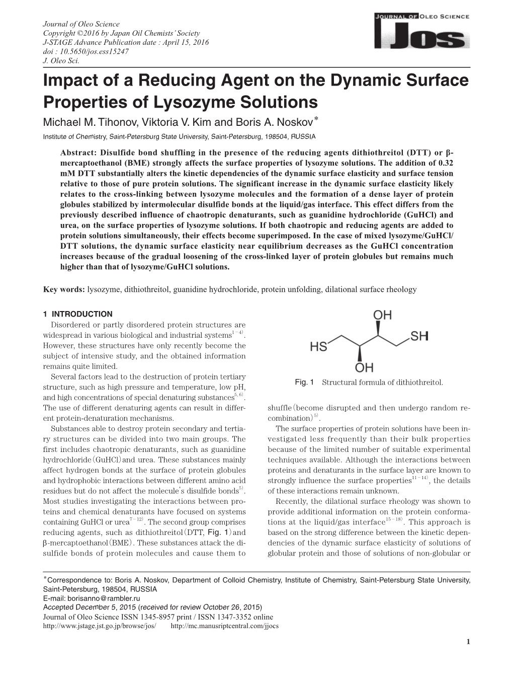 Impact of a Reducing Agent on the Dynamic Surface Properties of Lysozyme Solutions Michael M