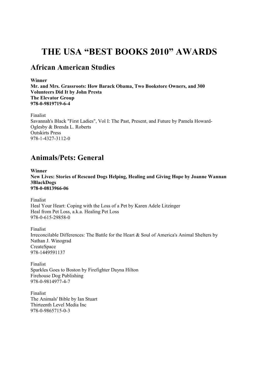 BEST BOOKS 2010” AWARDS African American Studies