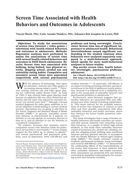 Screen Time Associated with Health Behaviors and Outcomes in Adolescents