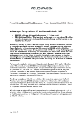 Volkswagen Group Delivers 10.3 Million Vehicles in 2016