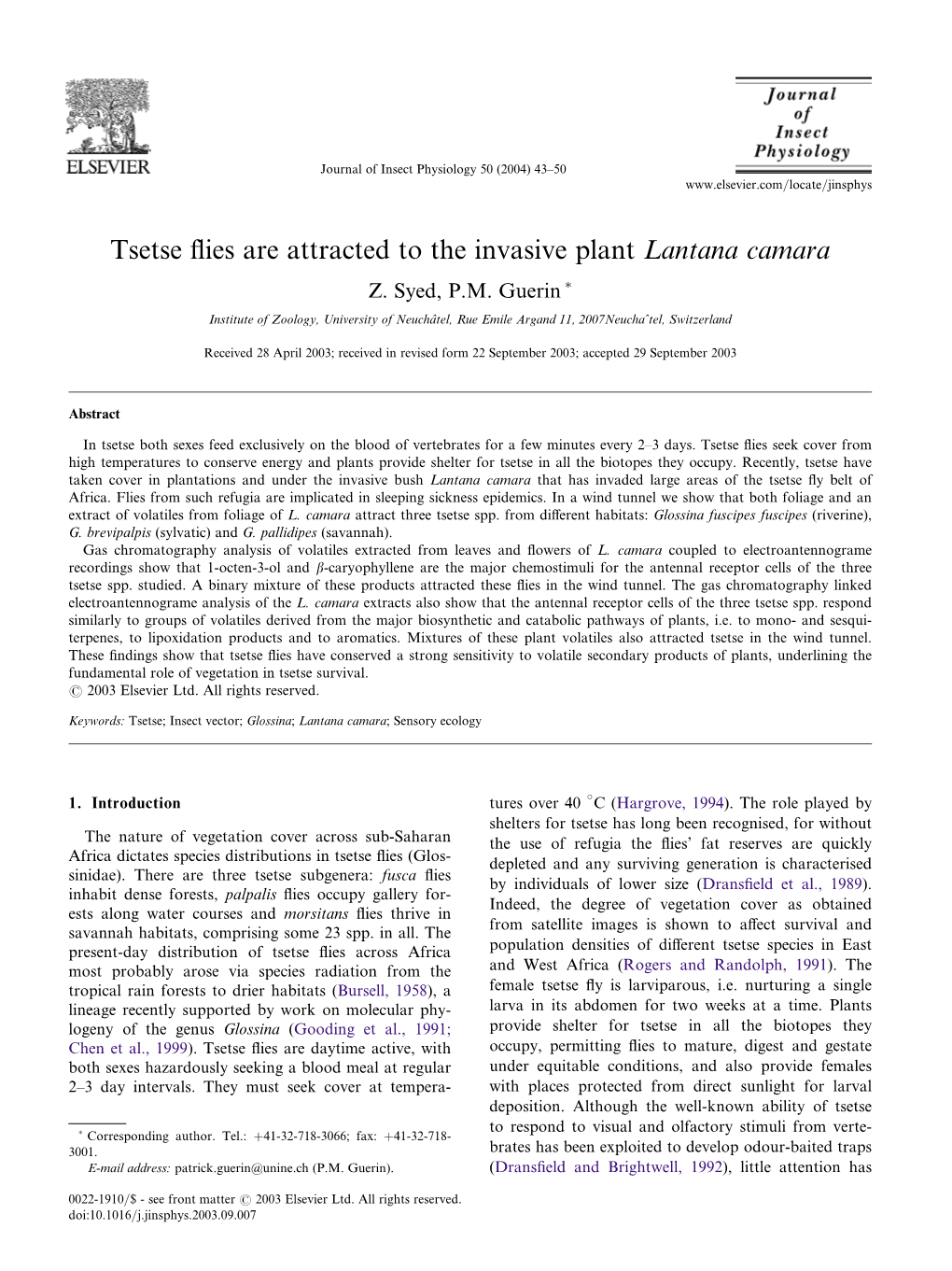 Tsetse Flies Are Attracted to the Invasive Plant Lantana Camara