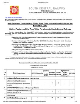 South Central Railway Press Release Public Relations Office, Secunderabad - 500 071