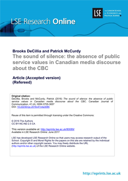 The Sound of Silence: the Absence of Public Service Values in Canadian Media Discourse About the CBC
