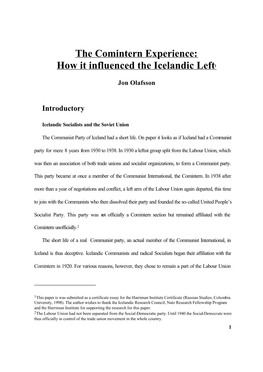 The Comintern Experience: How It Influenced the Icelandic Left1