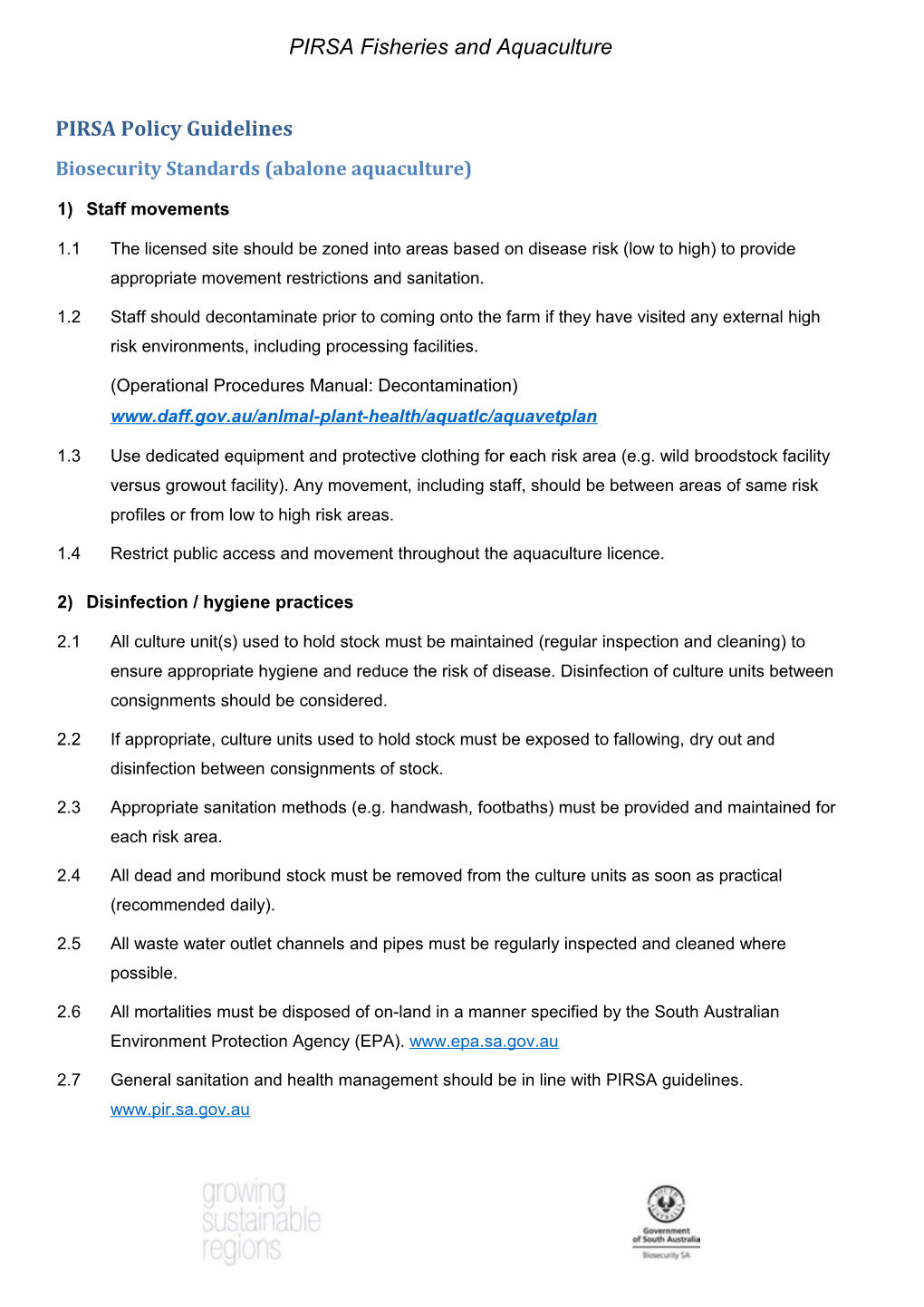 Biosecurity Standards (Abalone Aquaculture)