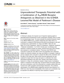 Unprecedented Therapeutic Potential with a Combination of A2A/NR2B Receptor Antagonists As Observed in the 6-OHDA Lesioned Rat Model of Parkinson’S Disease