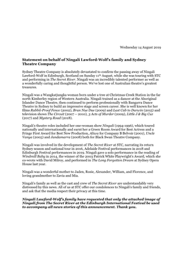 Statement on Behalf of Ningali Lawford-Wolf's Family and Sydney