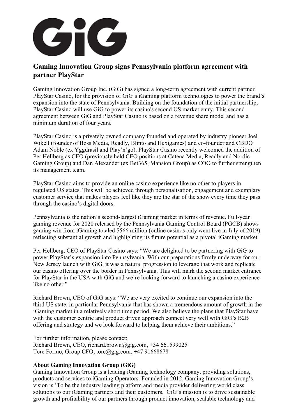 Gaming Innovation Group Signs Pennsylvania Platform Agreement with Partner Playstar