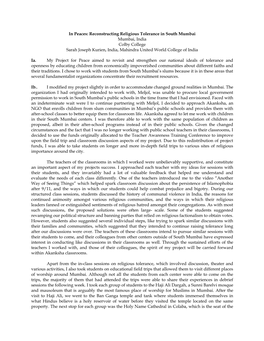 Reconstructing Religious Tolerance in South Mumbai Mumbai, India Colby College Sarah Joseph Kurien, India, Mahindra United World College of India