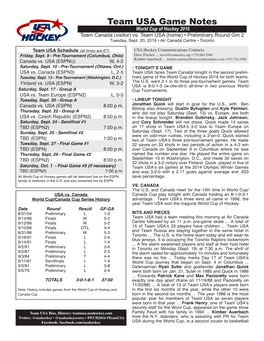 Team USA Game Notes World Cup of Hockey 2016 Team Canada (Visitor) Vs