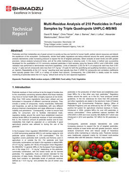 Multi-Residue Analysis of 210 Pesticides in Food Samples by Triple Quadrupole UHPLC-MS/MS