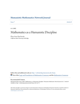 Mathematics As a Humanistic Discipline Elena Anne Marchisotto California State University, Northridge