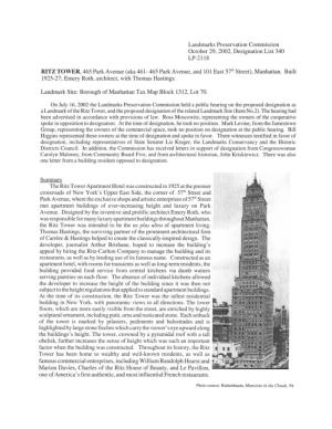 RITZ TOWER, 465 Park Avenue (Aka 461-465 Park Avenue, and 101East5t11 Street), Manhattan