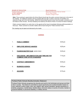 AGENDA 1. PUBLIC COMMENT 6:00 Pm 2. EMPLOYEE SERVICE AWARDS 6:20 Pm 3. FAUBION MASTER PLAN (Action Item) 6:40 Pm 4. DISCUSSION