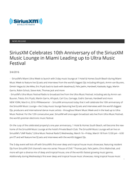Siriusxm Celebrates 10Th Anniversary of the Siriusxm Music Lounge in Miami Leading up to Ultra Music Festival