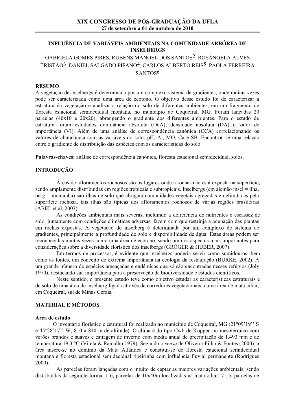 XIX CONGRESSO DE PÓS-GRADUAÇÃO DA UFLA 27 De Setembro a 01 De Outubro De 2010