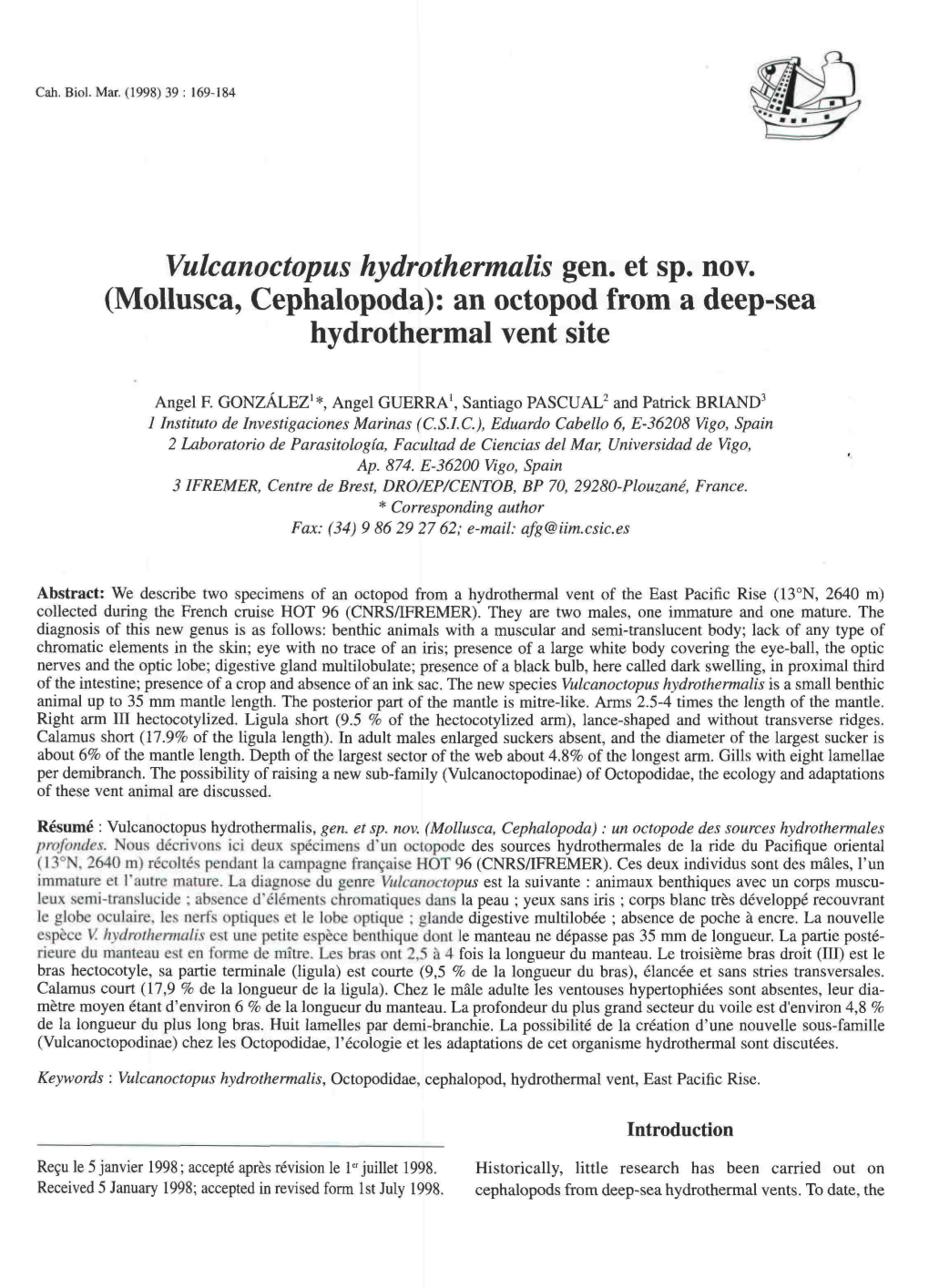 Vulcanoctopus Hydrothermalis Gen. Et Sp. Nov. (Mollusca, Cephalopoda): an Octopod from a Deep-Sea Hydrothermal Vent Site