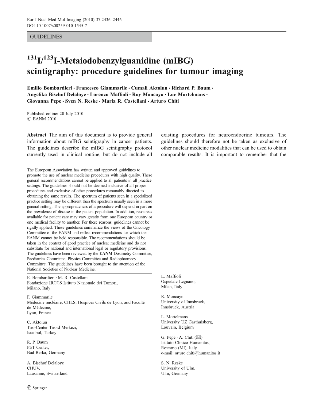 (Mibg) Scintigraphy: Procedure Guidelines for Tumour Imaging