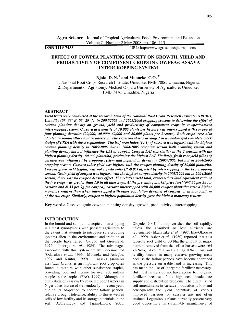 Effect of Cowpea Planting Density on Growth, Yield and Productivity of ...