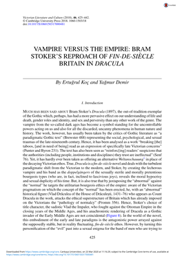 Bram Stoker's Reproach of Fin-De-Siècle Britain in Dracula