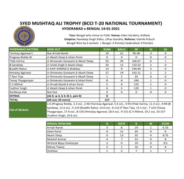 SYED MUSHTAQ ALI TROPHY (BCCI T-20 NATIONAL TOURNAMENT) HYDERABAD V BENGAL 14-01-2021