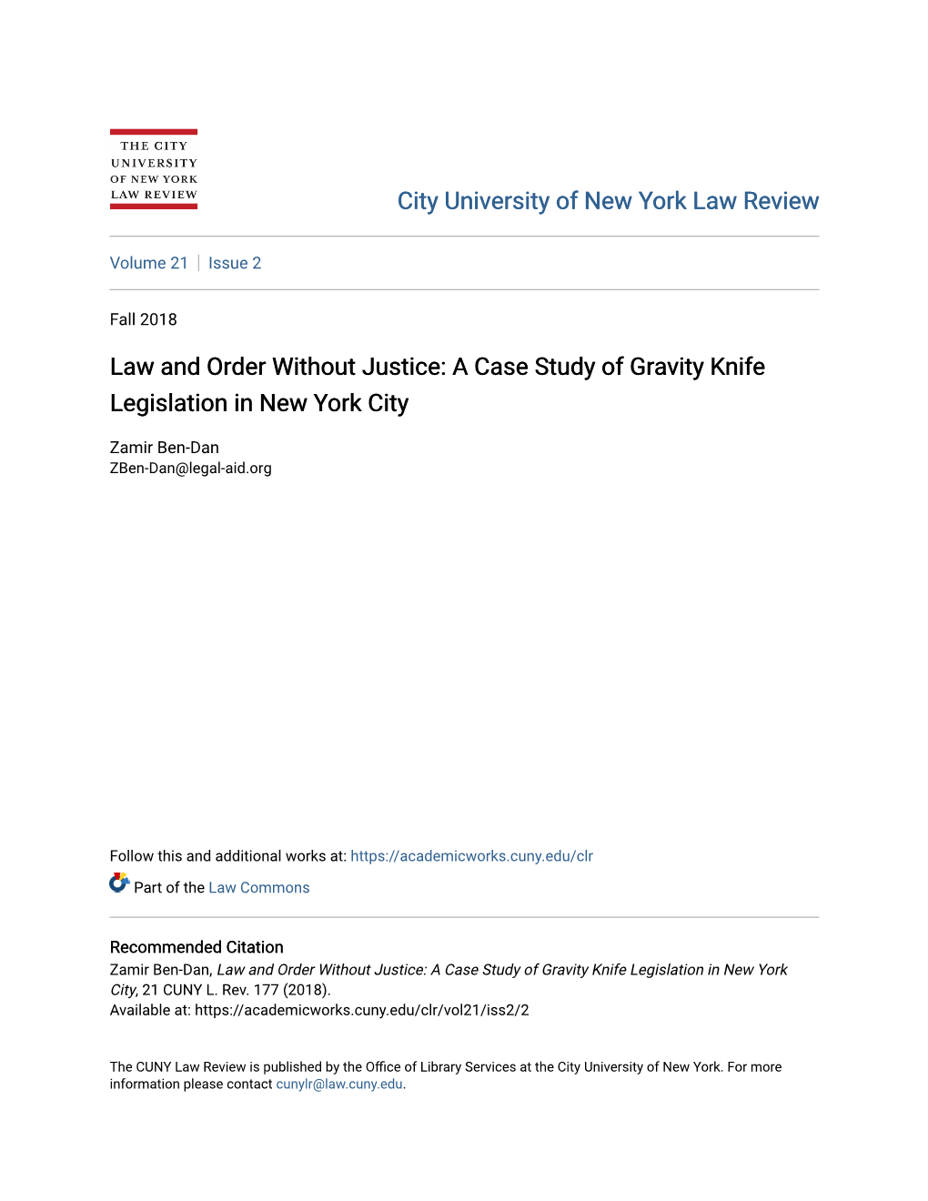 A Case Study of Gravity Knife Legislation in New York City