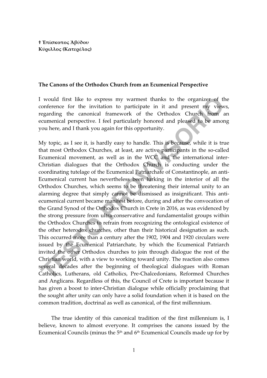 1 the Canons of the Orthodox Church from an Ecumenical Perspective I