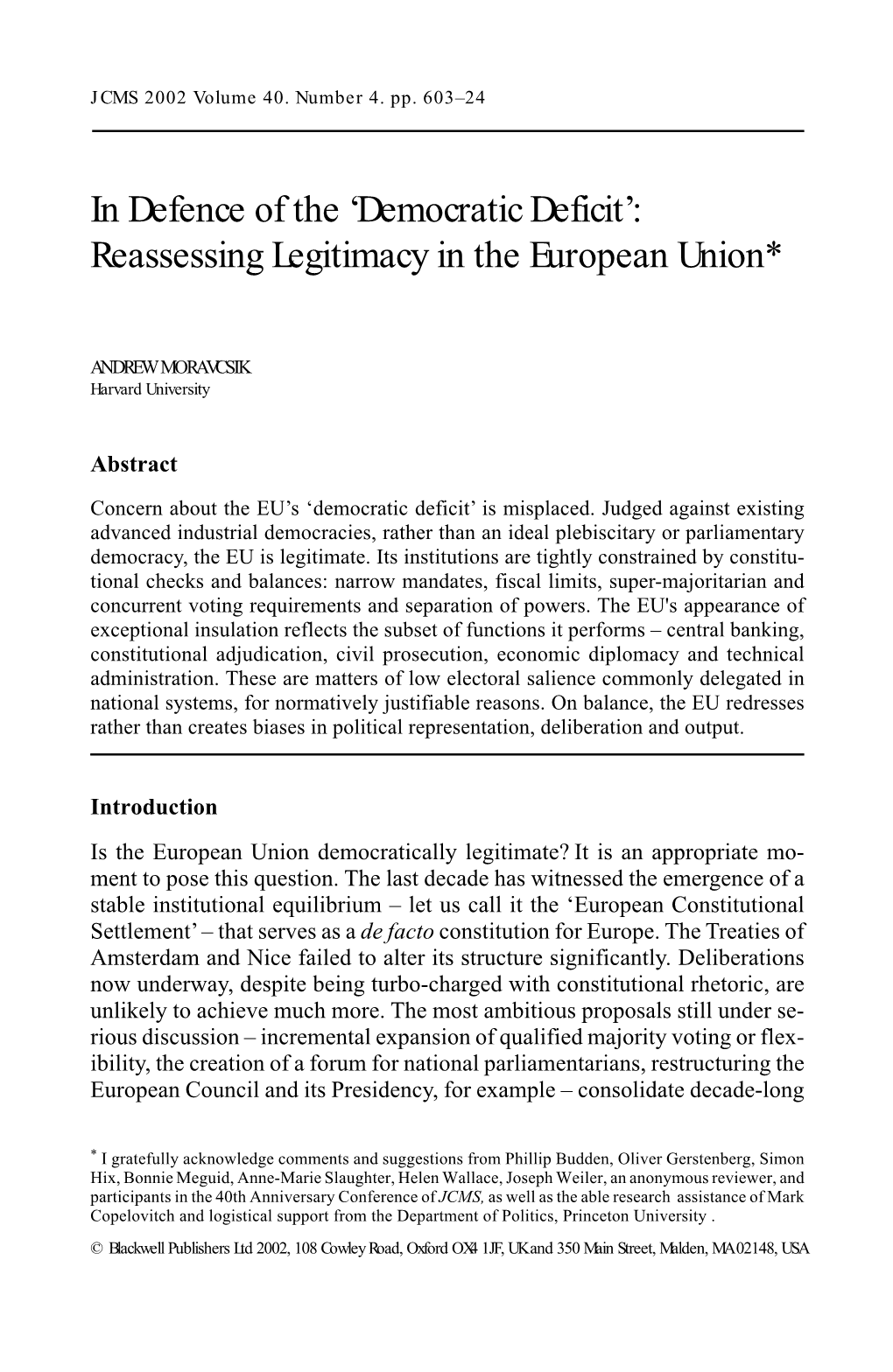 "Democratic Deficit": Reassessing Legitimacy in the European Union