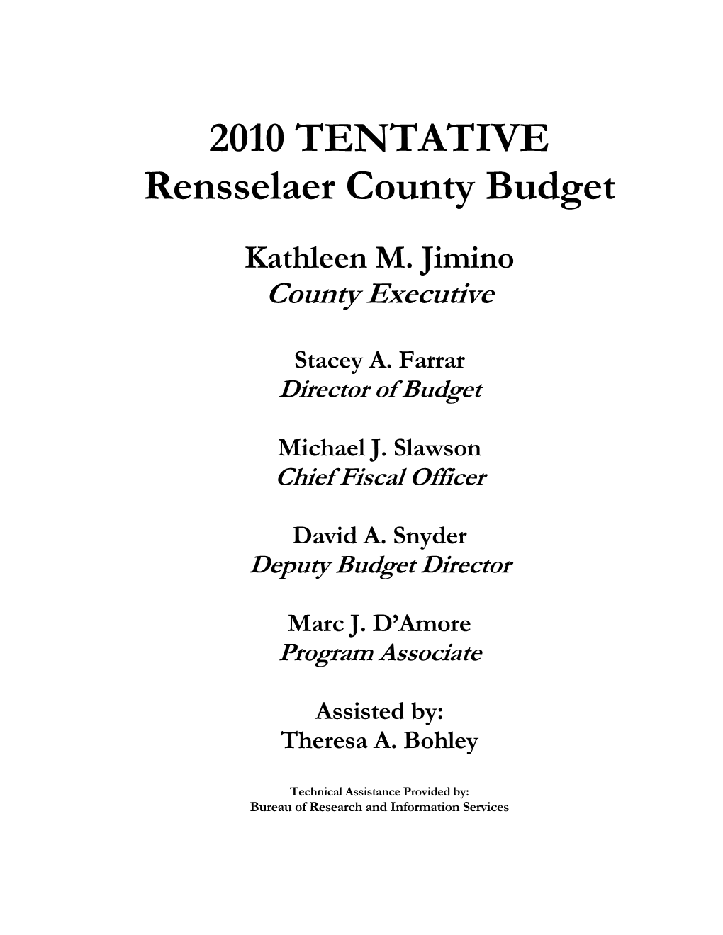 2010 Tentative Budget - Summary of Tax Requirement